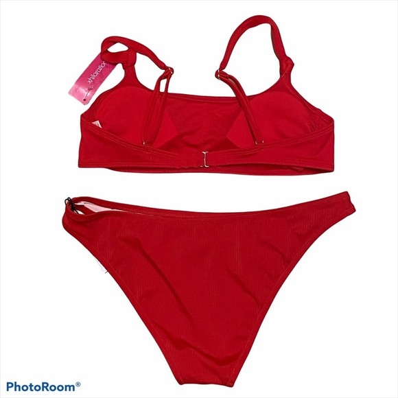 Xhiliration Red Ribbed Square Neck Bikini NWT L - Picture 2 of 4